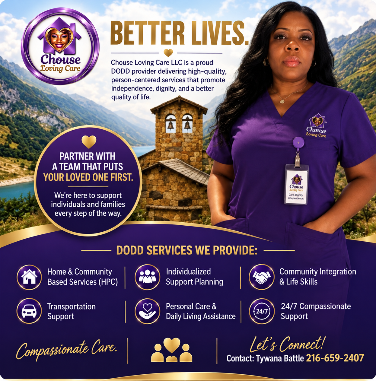 Caregiver in purple scrubs supporting a client