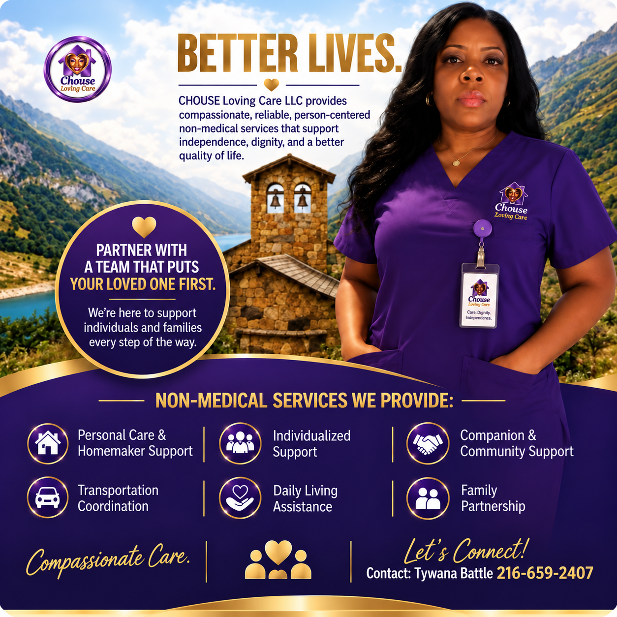 Tywana Battle in purple CHOUSE scrubs promoting non-medical services