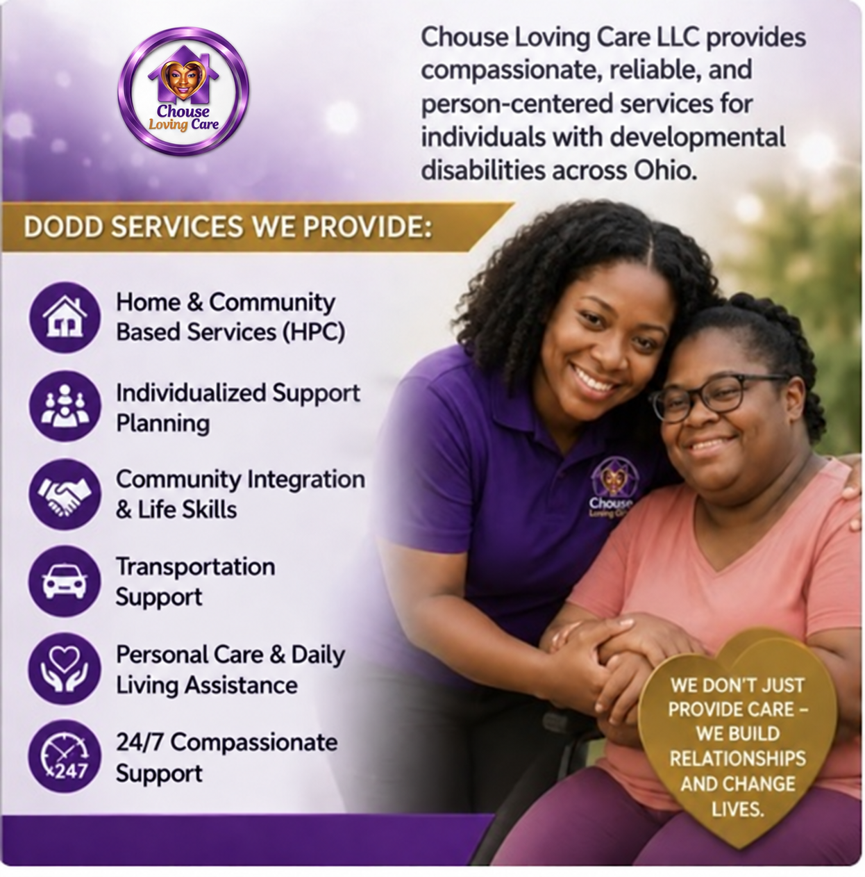 CHOUSE Loving Care DODD services flyer with a smaller full logo and caregiver supporting a client