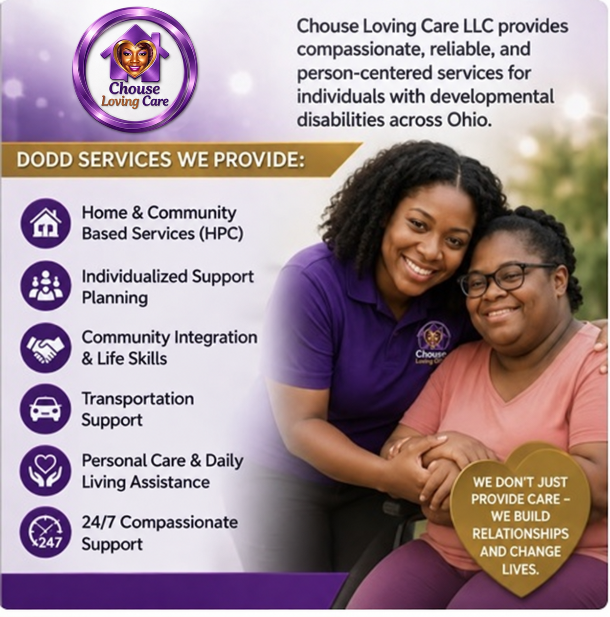 CHOUSE Loving Care DODD services flyer with full logo and caregiver supporting a client