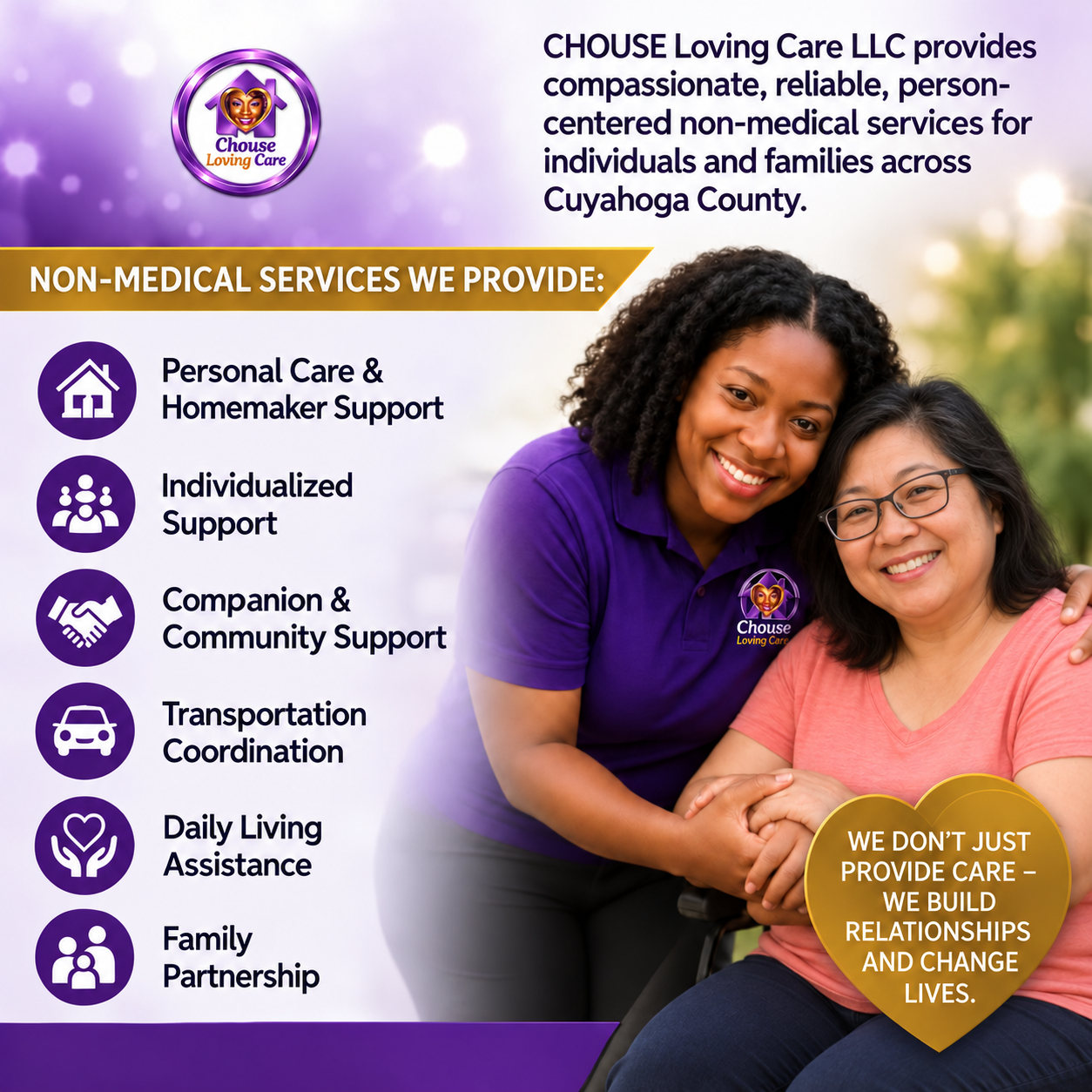 Black CHOUSE caregiver supporting an Asian client with non-medical services information