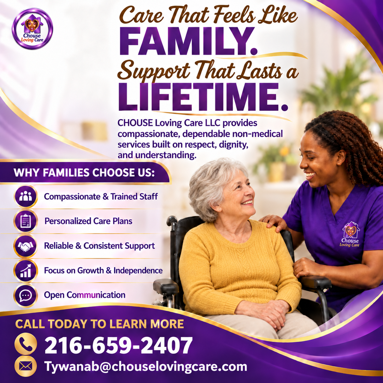 Black CHOUSE caregiver warmly supporting an older White client with non-medical services information