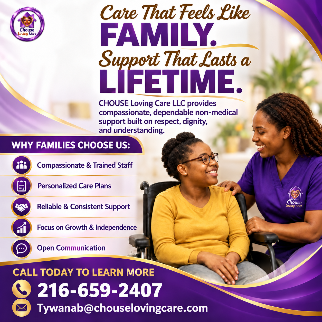 CHOUSE Loving Care non-medical support flyer showing a Black woman caregiver warmly supporting a client