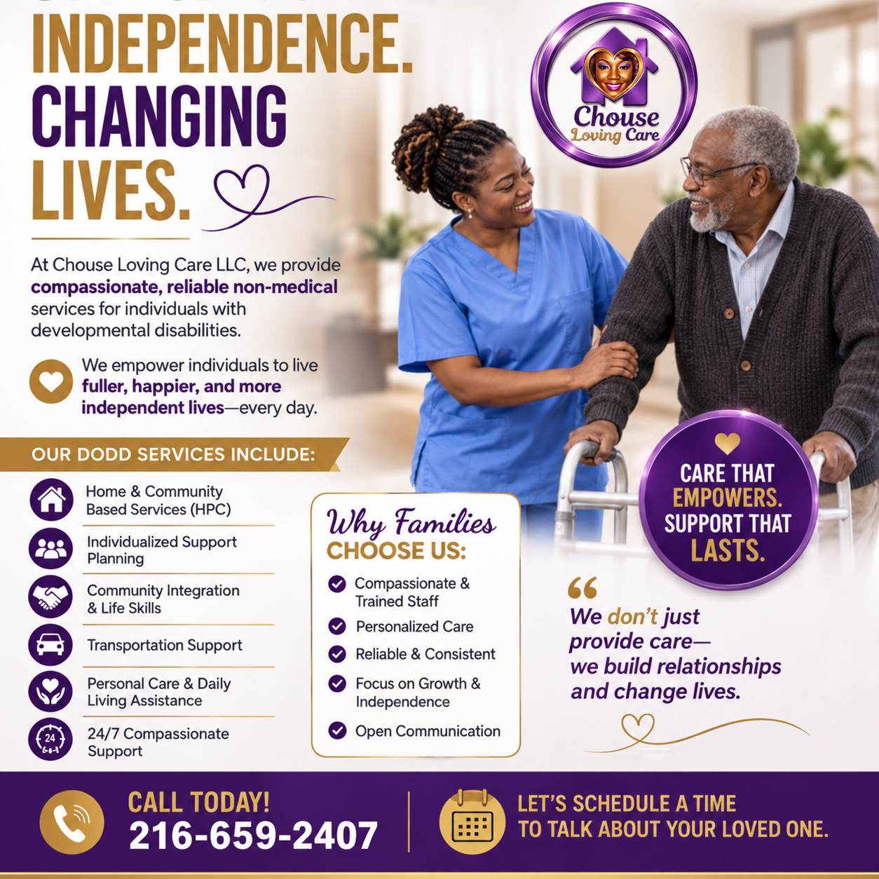 Black woman caregiver in blue scrubs helping an older Black man using a walker