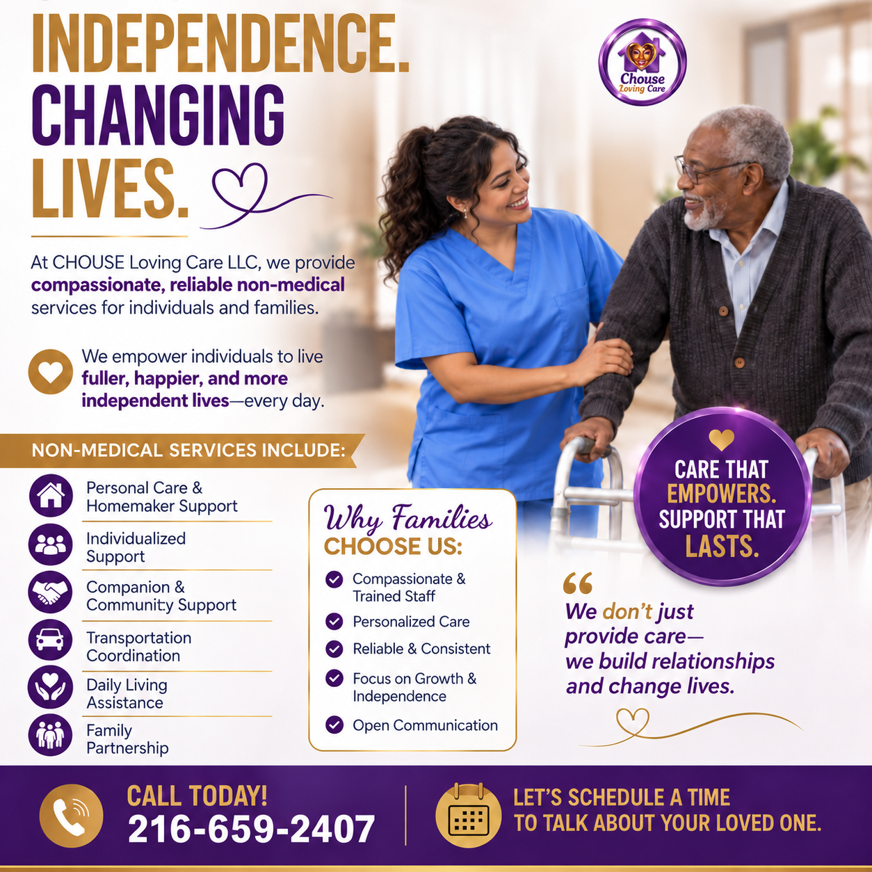 Latina caregiver in blue scrubs helping an older Black man using a walker with non-medical services information