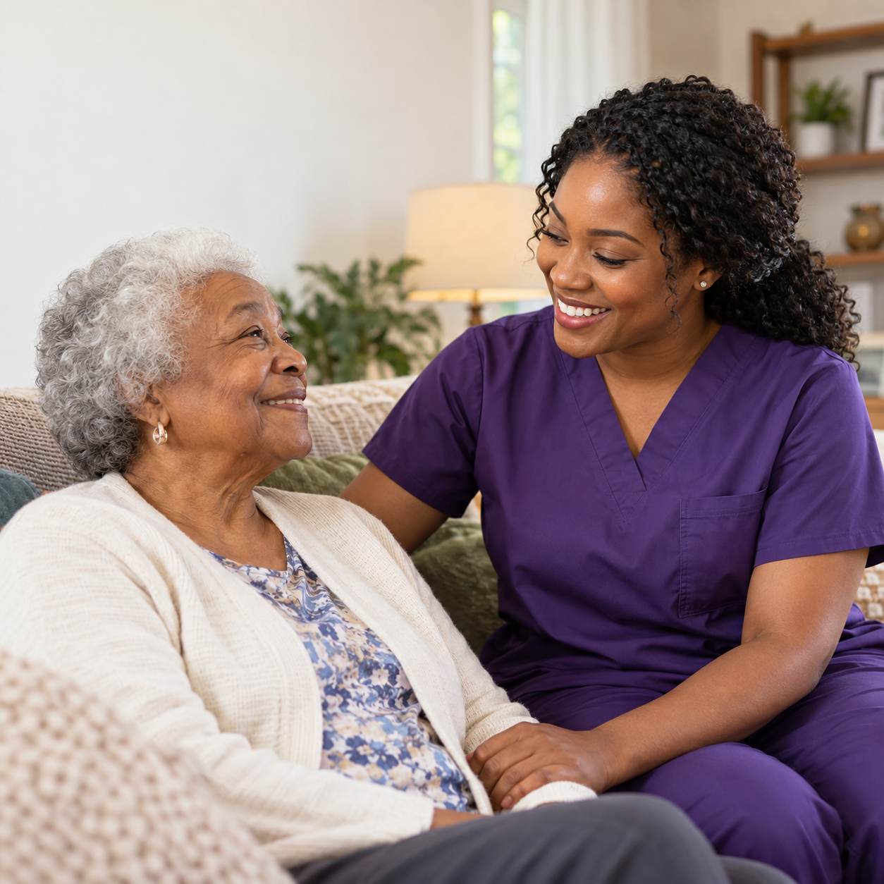 Black woman caregiver in purple scrubs sharing a warm moment with an older adult at home