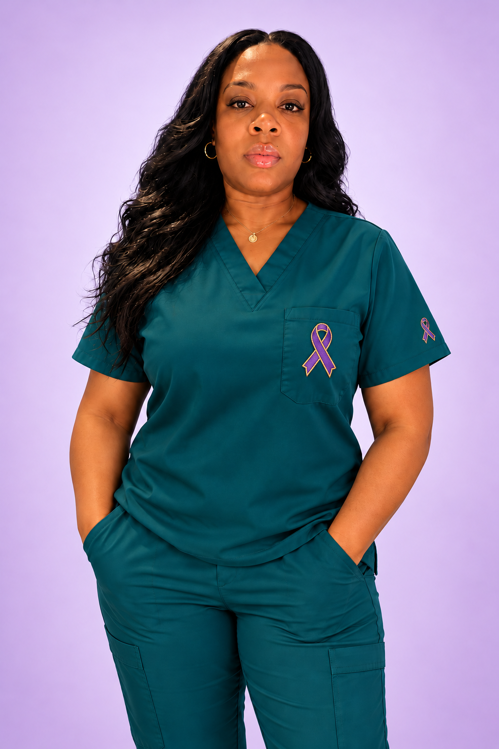 Tywana Battle in teal scrubs with purple and gold lupus awareness ribbons